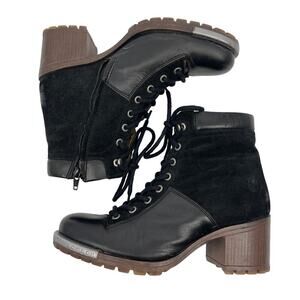 Fly London Leal Combat Boot Black w/ Brown Heel EU 40 9-9.5 Block Heel
